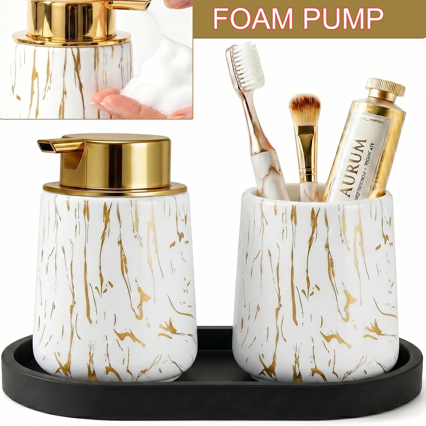 3pcs/set Marble Bathroom Set with Silicone Tray Foaming Hand Dispenser Toothbrush Holder Set Vanity Organizer for Bathroom Kitch Qme C-foam set