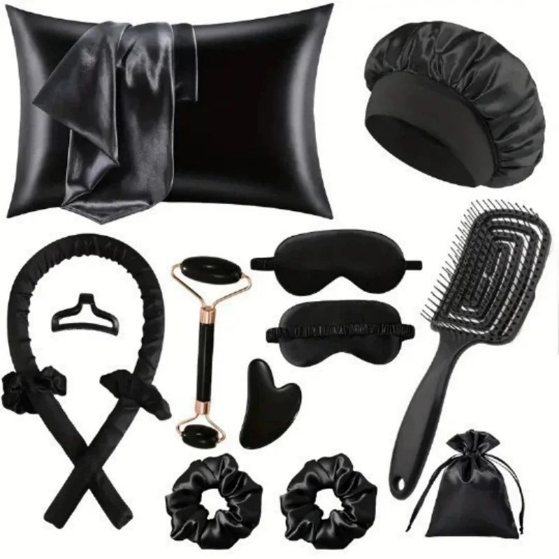 No Heat Curling Wand Set Lazy Summer Cool Silky Curls Kit with Shower Cap Eye Mask Easy Styling Hair Tool for Women Qme 13pcs black