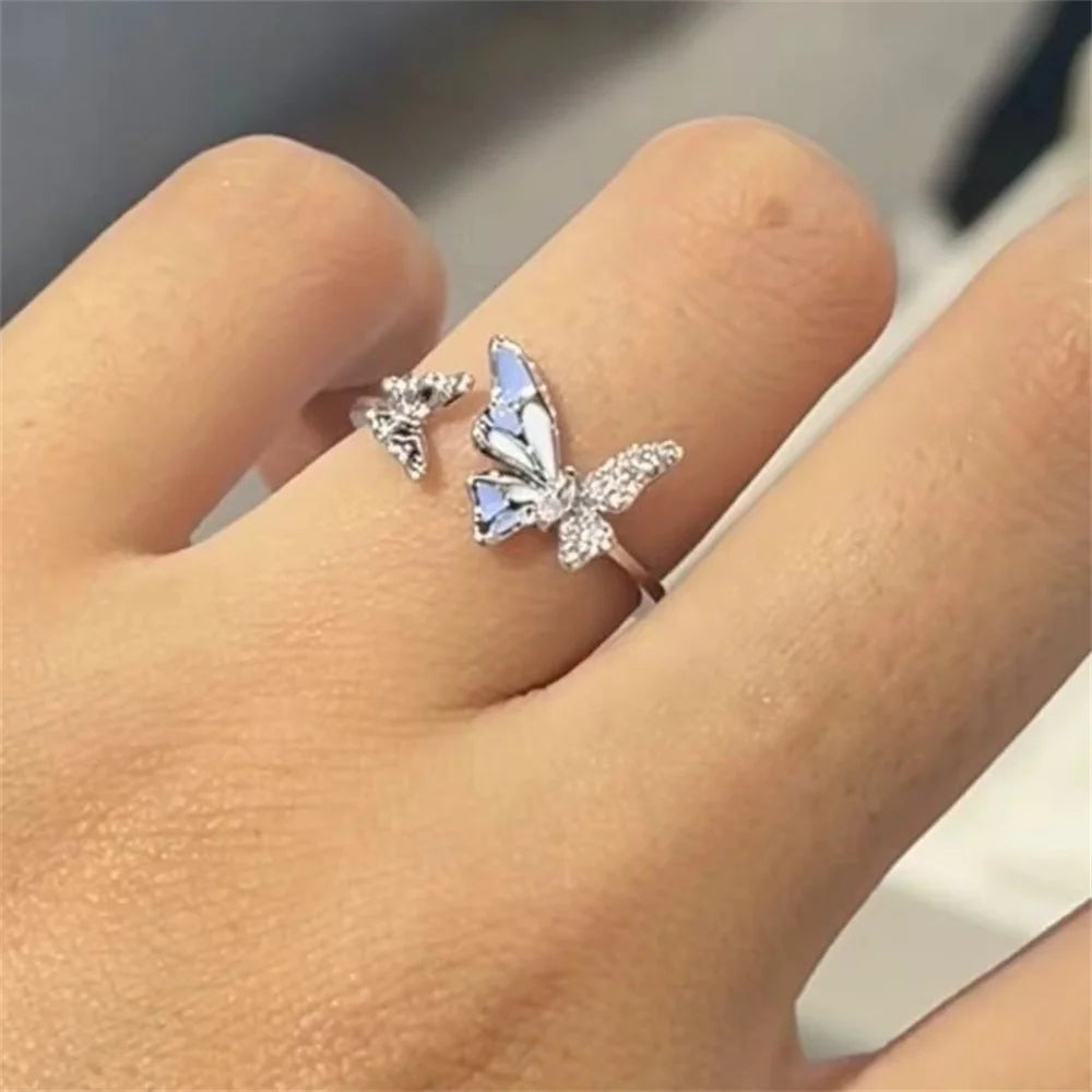 Blue Double Butterfly Open Ring with High Beauty New Vintage Light Luxury Fairy Style Versatile Finger Ring Qme