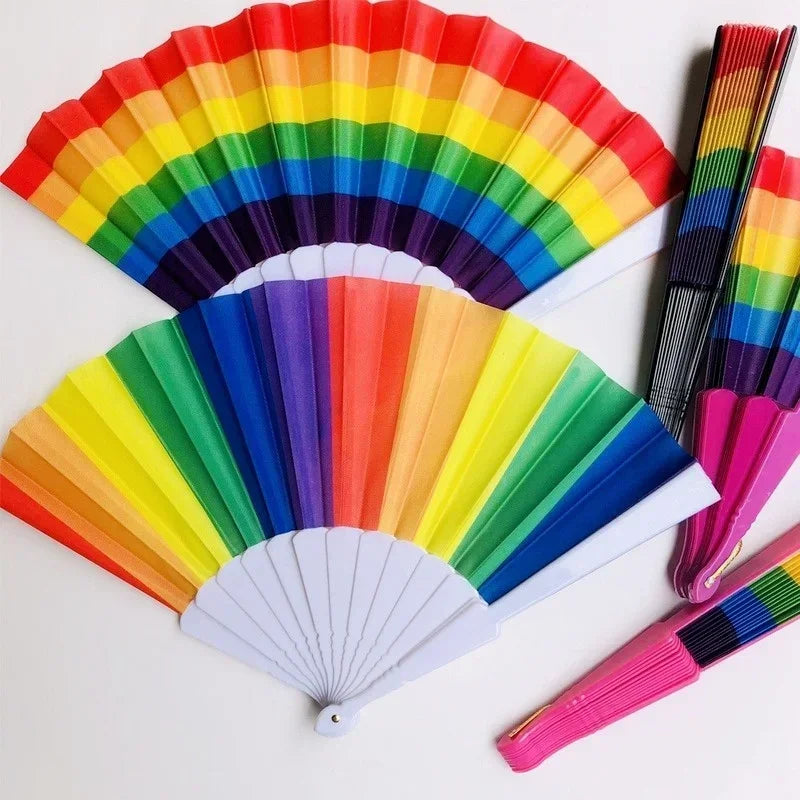 Plastic Hand Crank Fan Foldable Oriental Rainbow Silk Fabric Pocket Qme