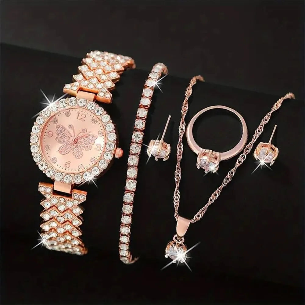 6pcs Fashion Crystal Butterfly Women's Watch Qme Rose