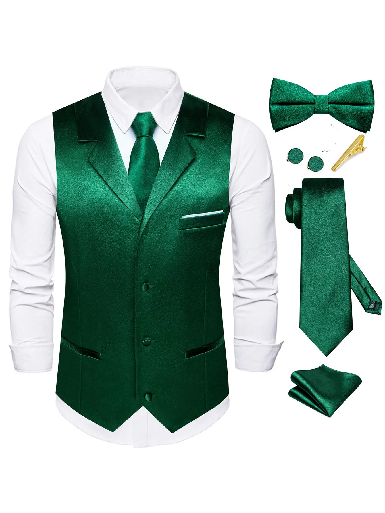 Men's Satin Vest Tie Hanky Cufflinks Bowtie Clip Formal Waistcoat Qme MJTZ3128-DPTLJ01 M