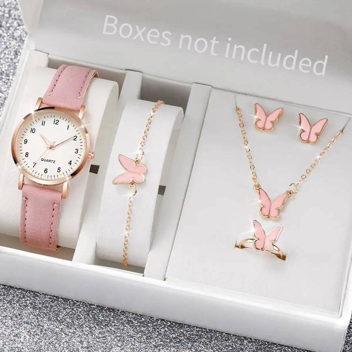 6 Pieces Women's Fashion Watch Arabic Dial Leather Bracelet Quartz Watches Butterfly Jewelry Set (Without Box) Qme Pink