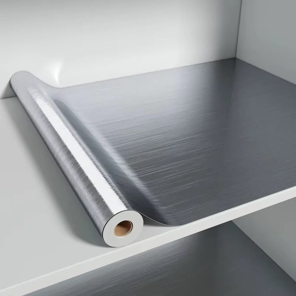 Stainless Steel Brushed Silver Self-Adhesive Vinyl Film Waterproof & Oil-Proof Removable Wallpaper for Kitchen Qme