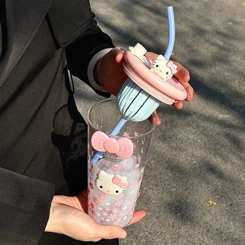 Hello Kitty-Style Cherry Blossom Glass Cup—Stylish for Women, Heat-Resistant Tea Cup, Large-Capacity Office Cup with Straw Qme