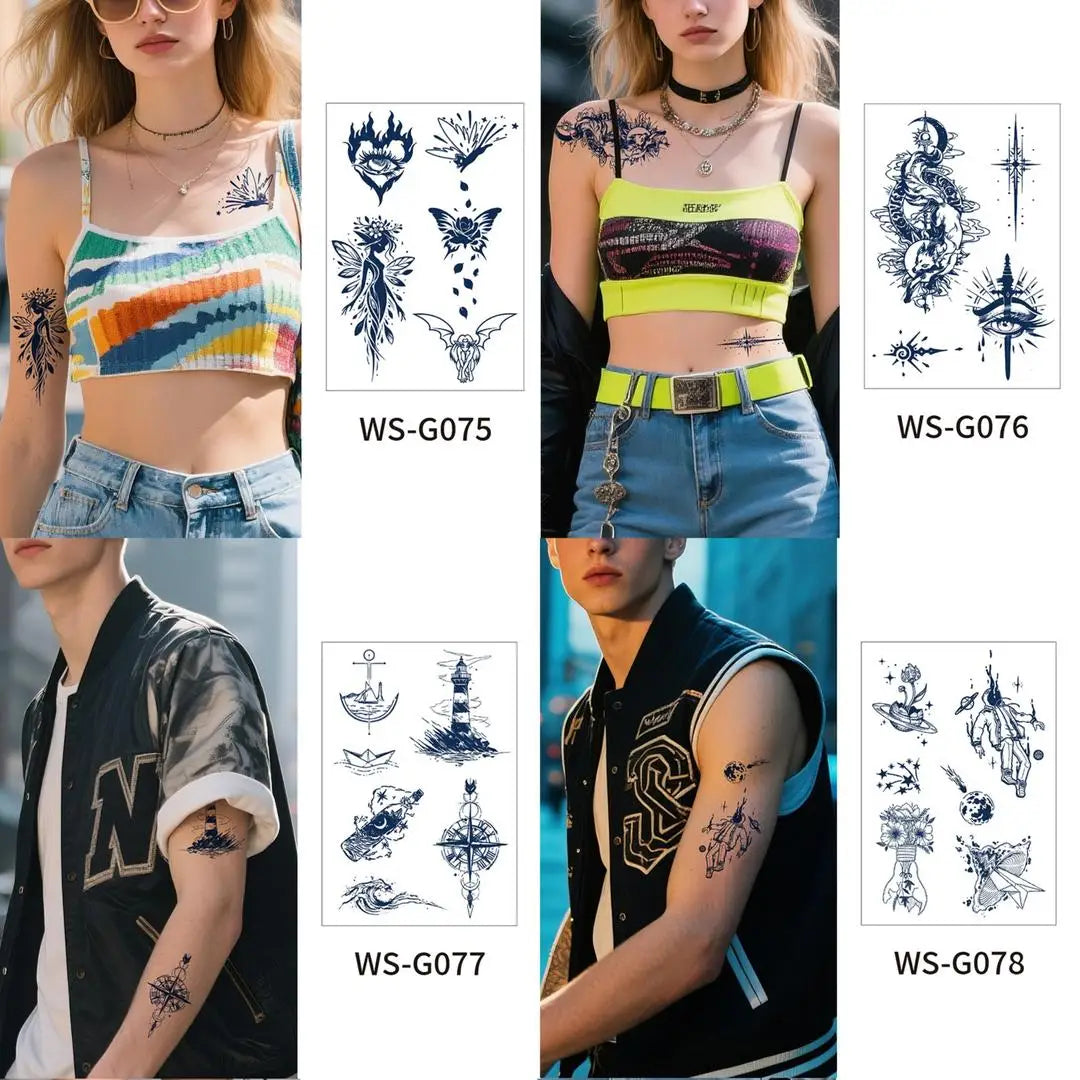 A 4/6pcs Disposable Small Tattoo Stickers for Women Men Flowers Moon Heart Temporary Tattoos for Hand Chest Wrists Body Art Qme 4pcs WS-G075G078
