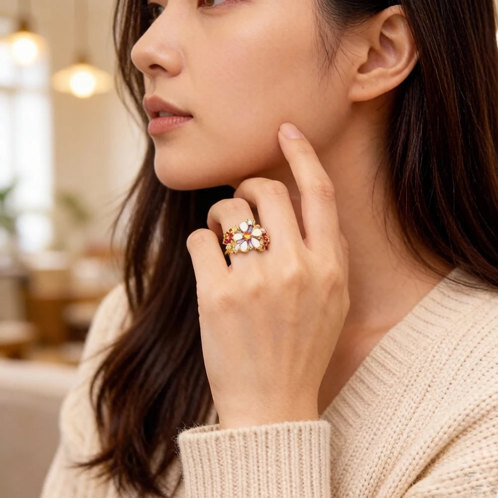 Colourful Flowers Ring 2023 Brand New Fine Jewerly Bohemia 925 Sterling Silver Gift For Women Qme