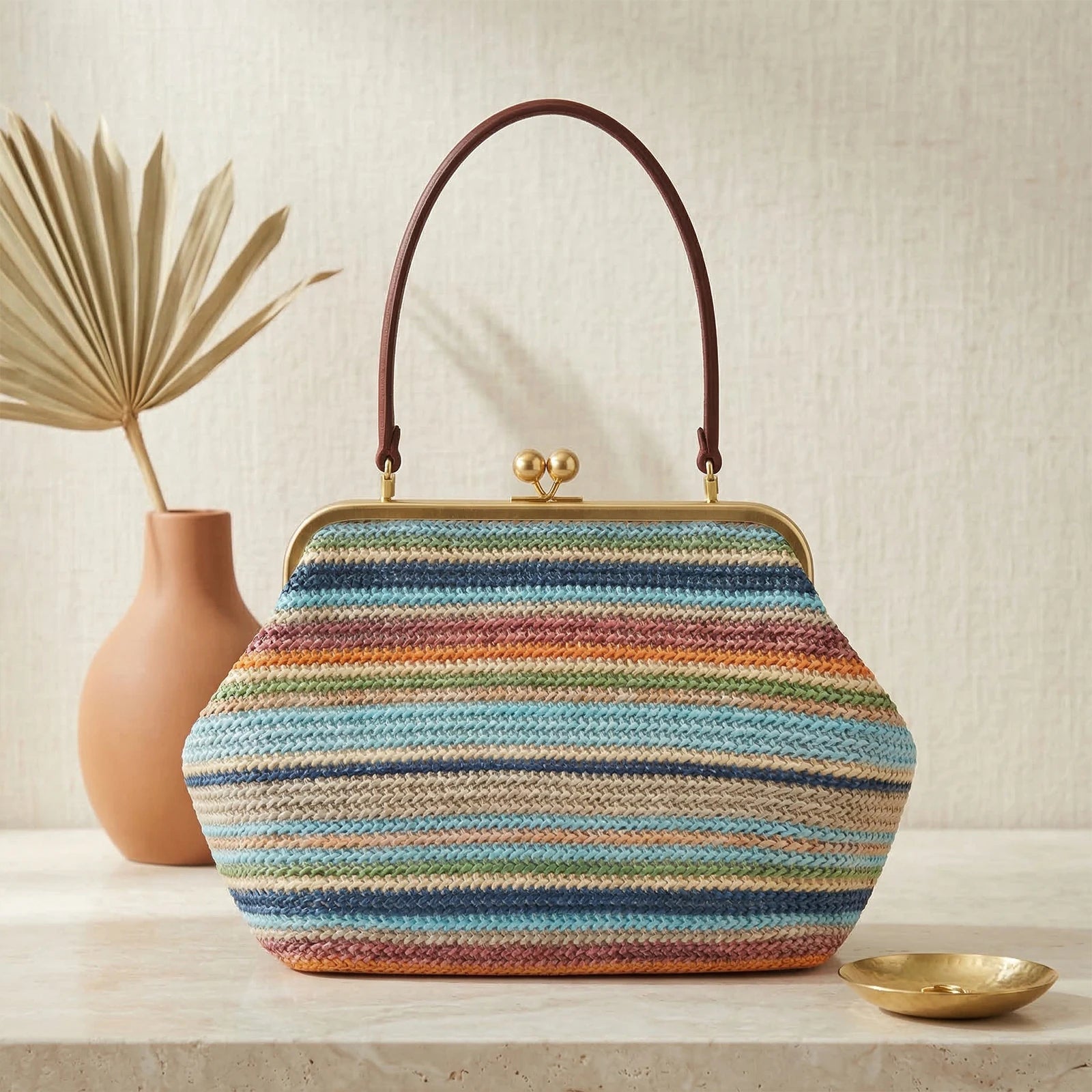 Straw Purses and Striped Handbags Boho Beach Tote Purse Woven Straw Clutch Large Capacity Kiss Clasp Shoulder Bag for Women Qme Style 1