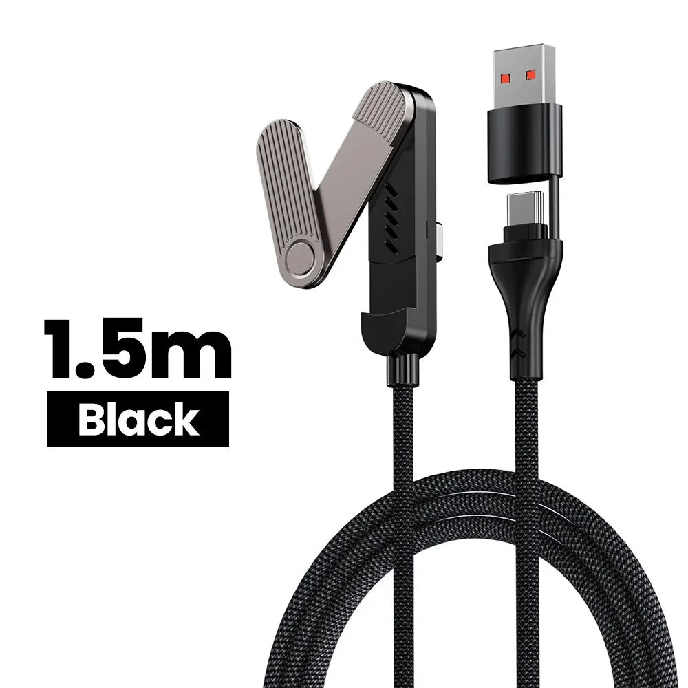 65W USB Fast Charging Cable With Foldable Phone Holder 2-in-1 Type-C Quick Charge Data Wire USB C Charging Line For Mobile Phone Qme black