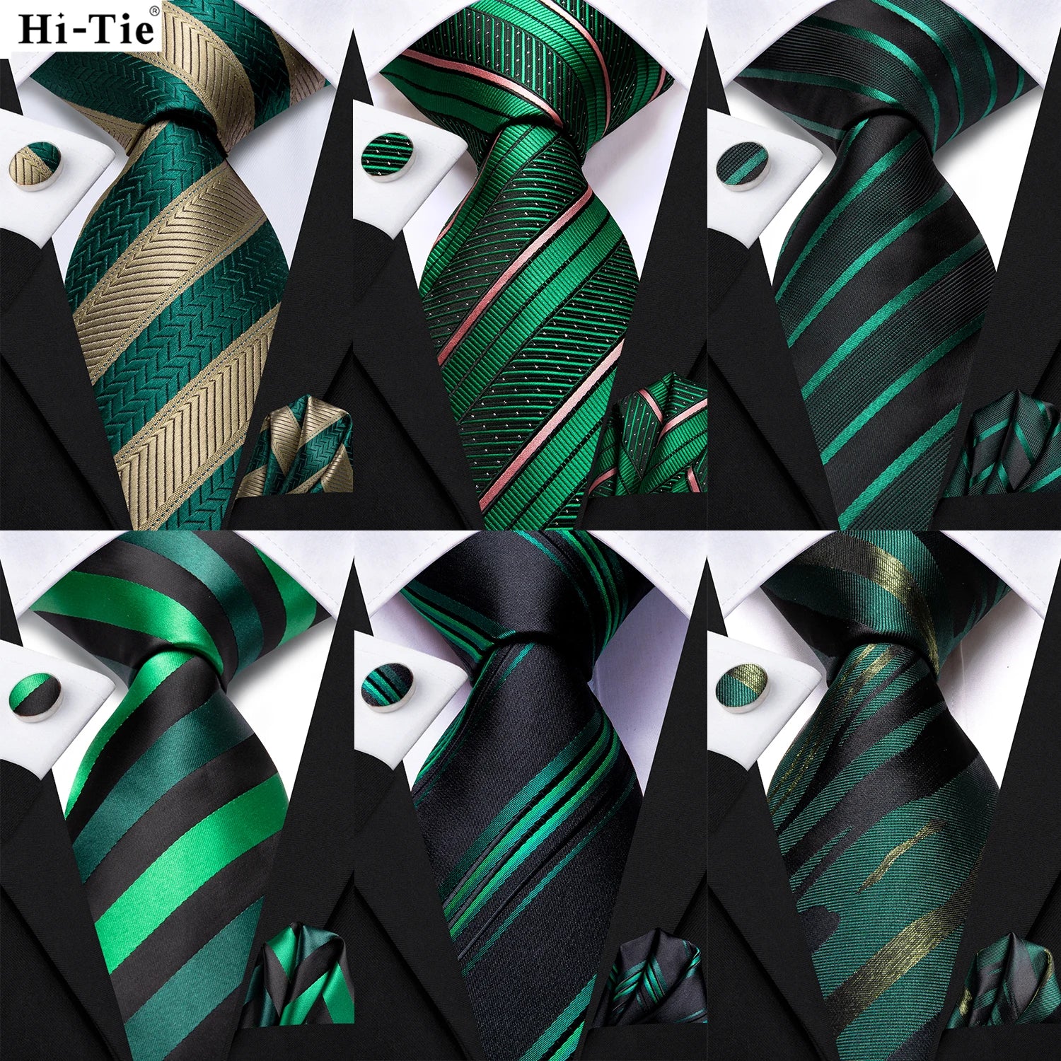 Black Green Striped Ties Men Wedding Accessories Mens Necktie Pocket Qme