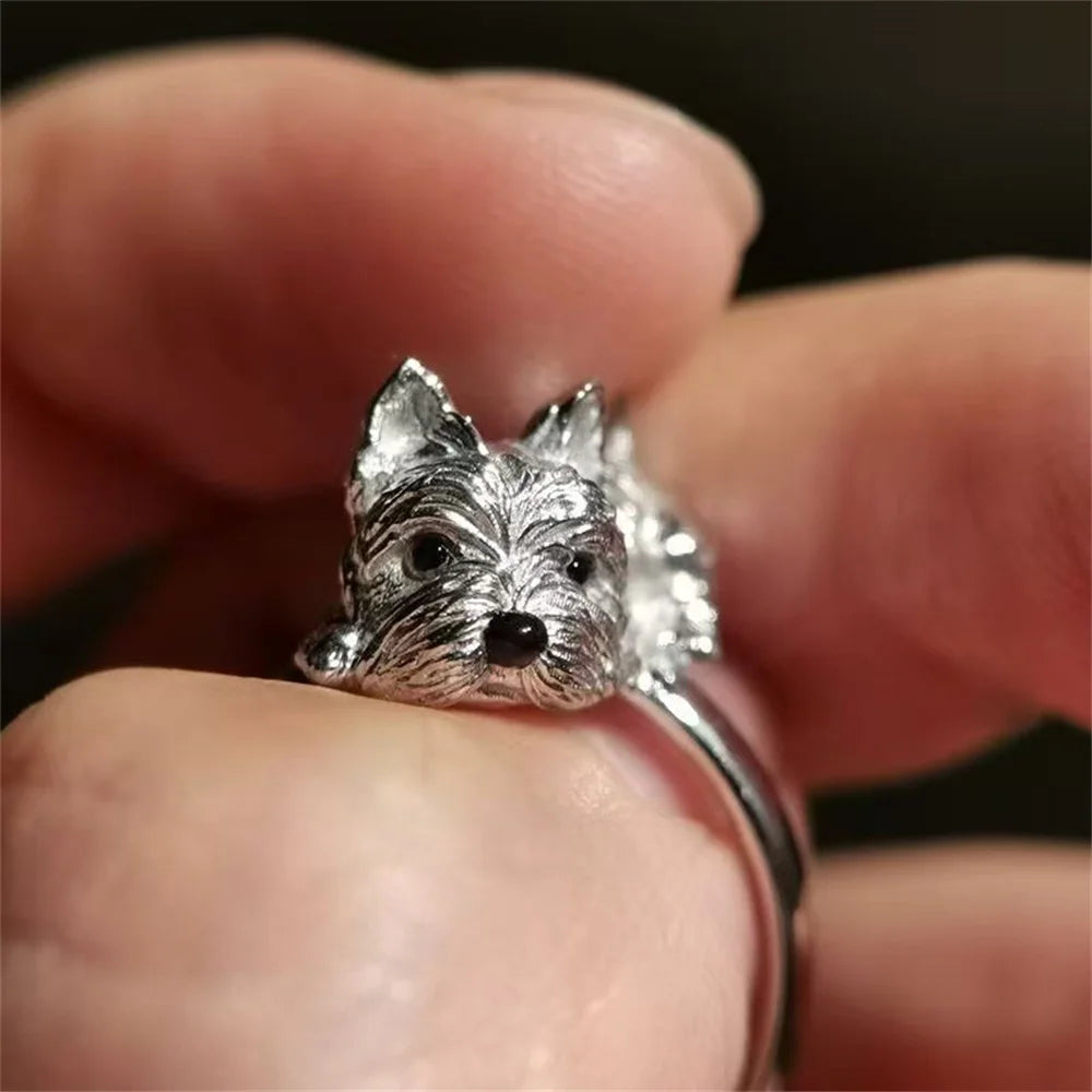 New Cute Personalized Dog Open Ring Female Silver Unique Realistic Animal Ring Jewelry Qme