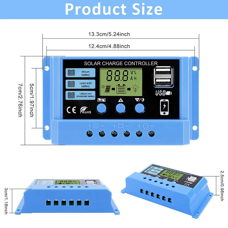 30A 20A 10A Solar Charge Controller 12V 24V Auto Solar Panel PV LCD Controller For Lead-Acid Battery, Lithium Battery Dual USB Qme