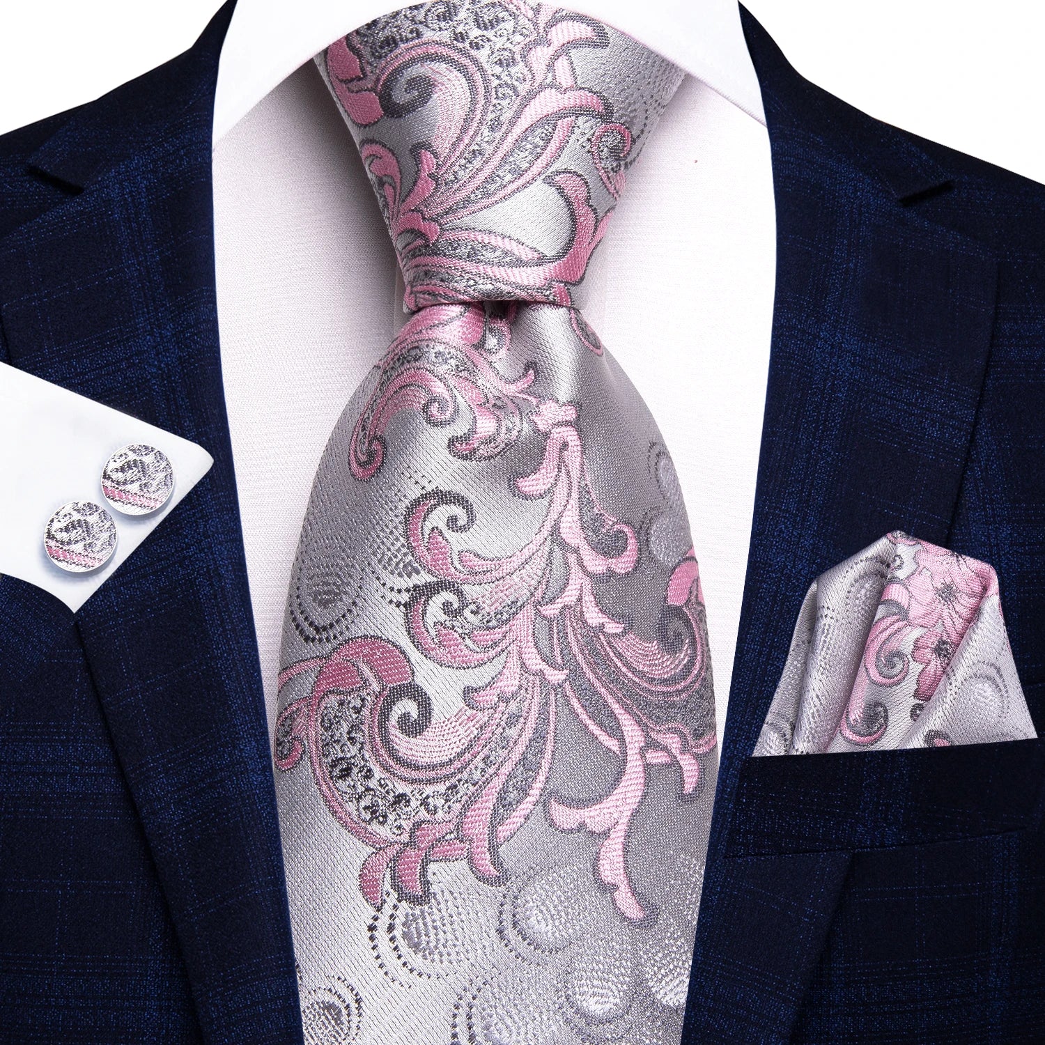 Hi-tie Floral Pink Purple Blue Men Elegant Necktie Handkerchief Qme N-3447