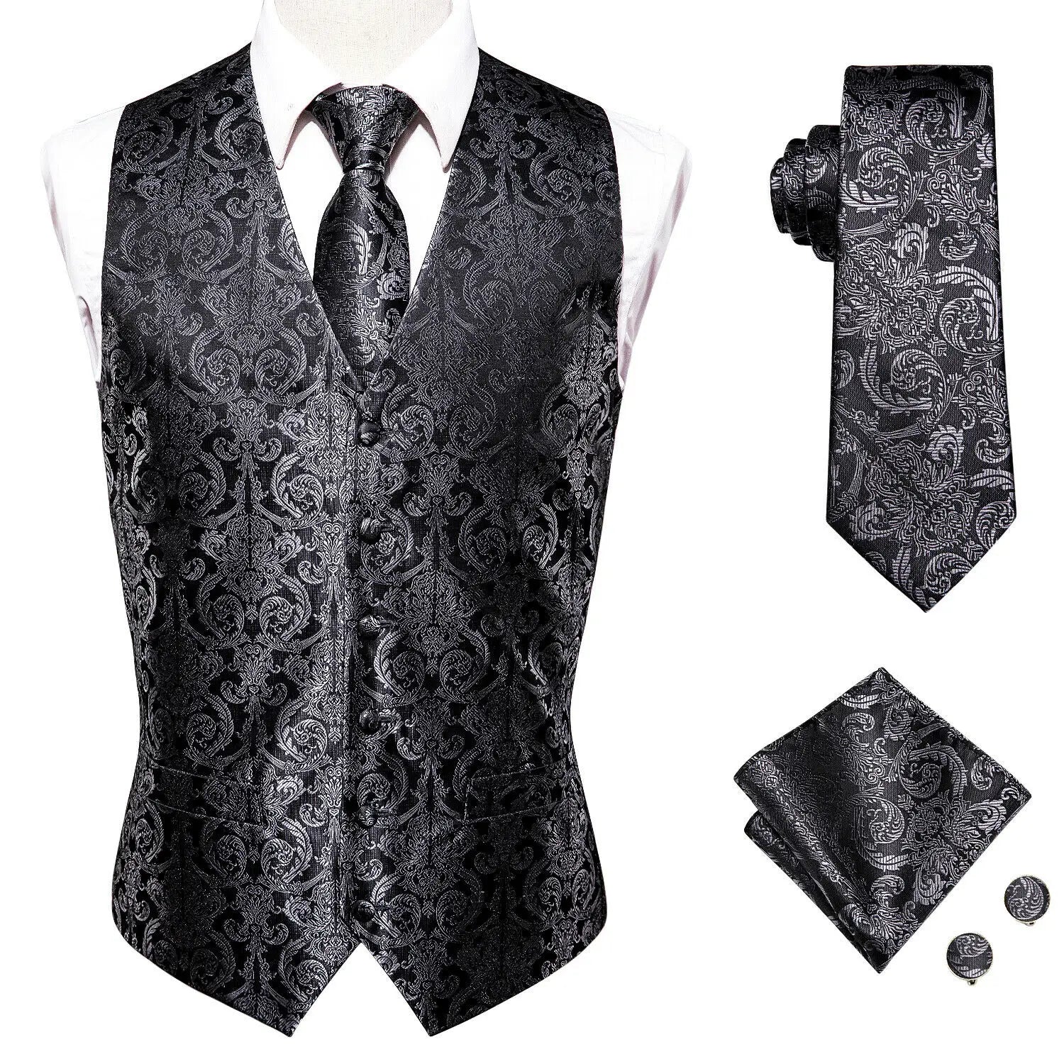 Men's Floral Paisley Suit Vest Tie Formal Waistcoat Necktie Pocket Qme MJTZ0011 L