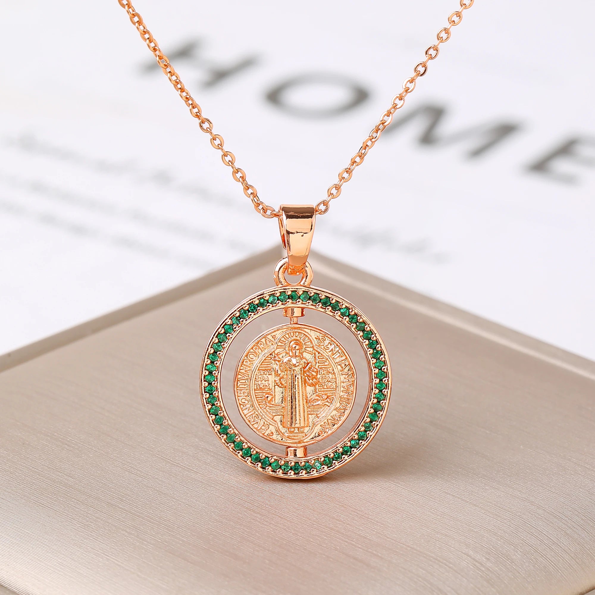 New Fashion Round Rotating St. Benedict Zirconia Pendant Necklace—Lucky for Women's Party Gold/Rose Gold Jewelry Amulet Gift Qme 6