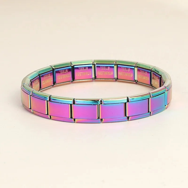 Italian Charms Laser Rose Color Stainless Steel Elastic Link Bangle 9mm Width Hand Chain DIY Module Bracelets Making JewelryGift Qme