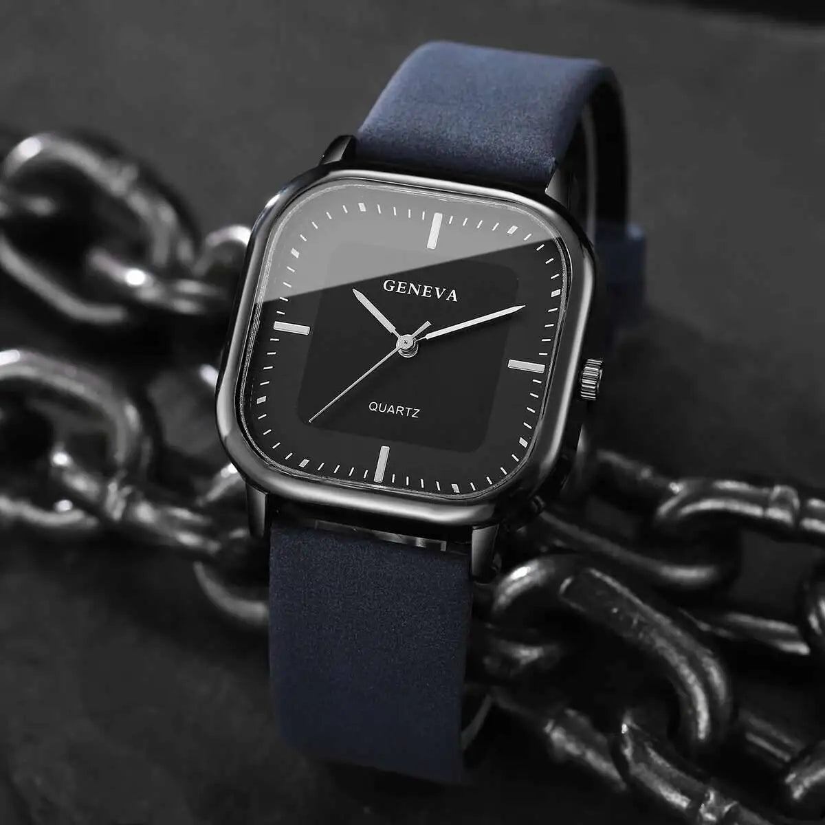 Square Watch: Unisex, Fashionable Quartz Watch with Minimalist & Trendy Design, Faux Leather Accents and Alloy Material Qme blue