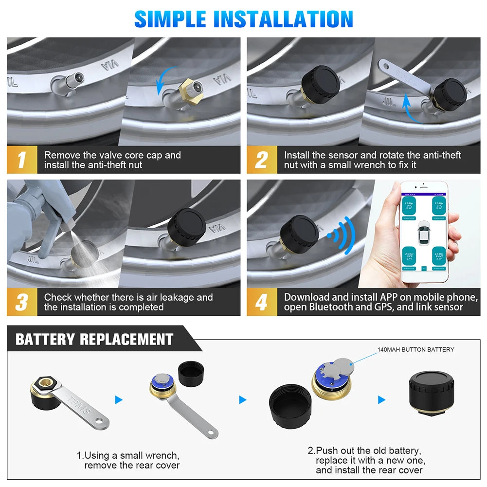 Bluetooth-compatible Tire Pressure Monitor System Mobile Phone Display Auto Motorcycle Tire Pressure Detection Qme