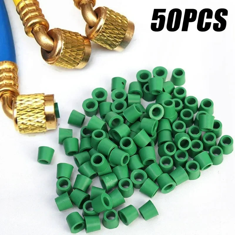 Green Air Conditioning 100/50pcs 1/4'' Charging Hose 1/4'' Valve Gasket Manifold Repair Seal Kit Replacement Car Accessories New Qme