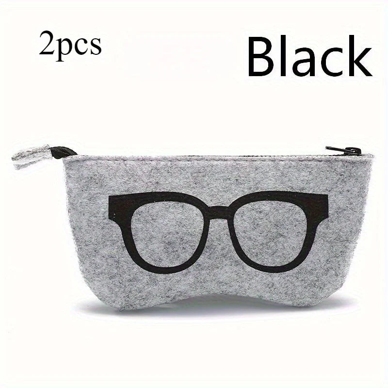 2PCS Soft Felt Eyeglasses Pouch with Zipper, Portable Sunglasses Storage Bag, Cute Glasses Print Protective Case for Men Women Qme Black 2pcs