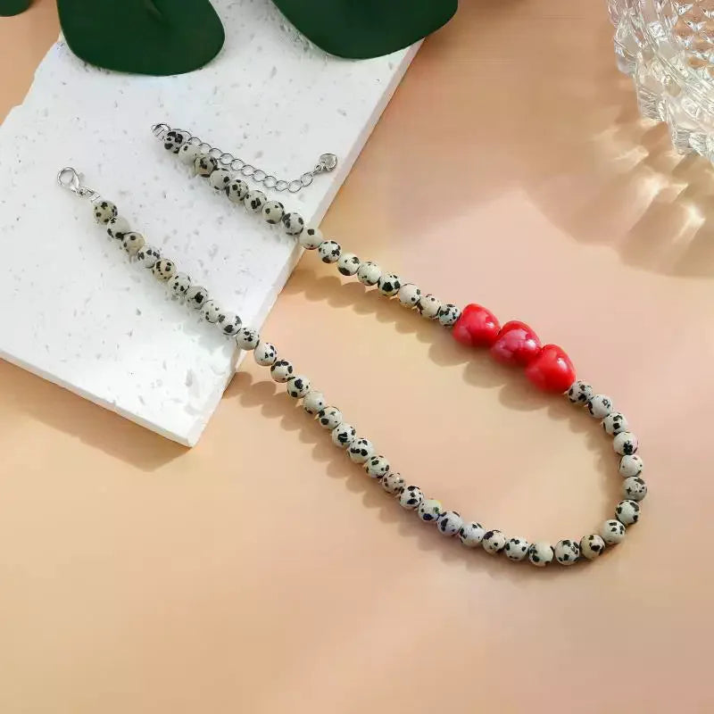 Trendy Spotted Stone Red Heart Beaded Necklace For Women Fashion Layering Qme