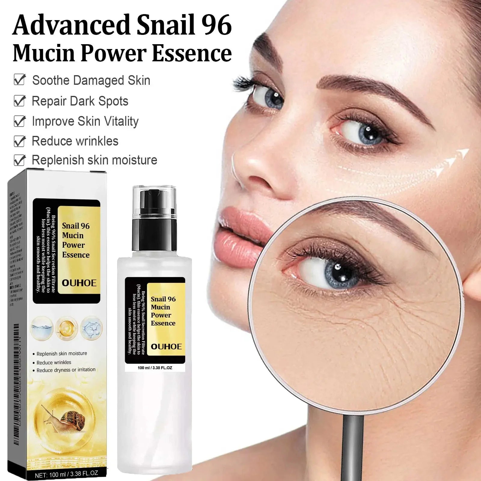 Snail Mucin Peptide Essence,Hyaluronic Acid Skin Repair Serum,Lightens Wrinkles And Dark Spots,Face Moisturizing and Hydrating Qme