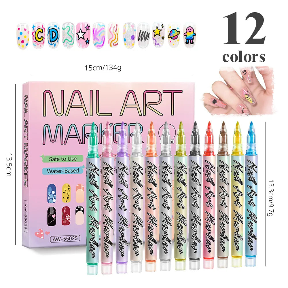 12 Nail Art Pens Waterproof Quick-drying Polish Pen Precision Drawing Qme 12 Colors