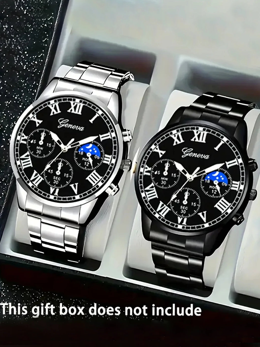Roman Numeral Moon Dial Multi-Function Quartz Watch Silver & Black Steel Watch Pack Qme 2pcs