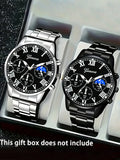 Roman Numeral Moon Dial Multi-Function Quartz Watch Silver & Black Steel Watch Pack Qme 2pcs