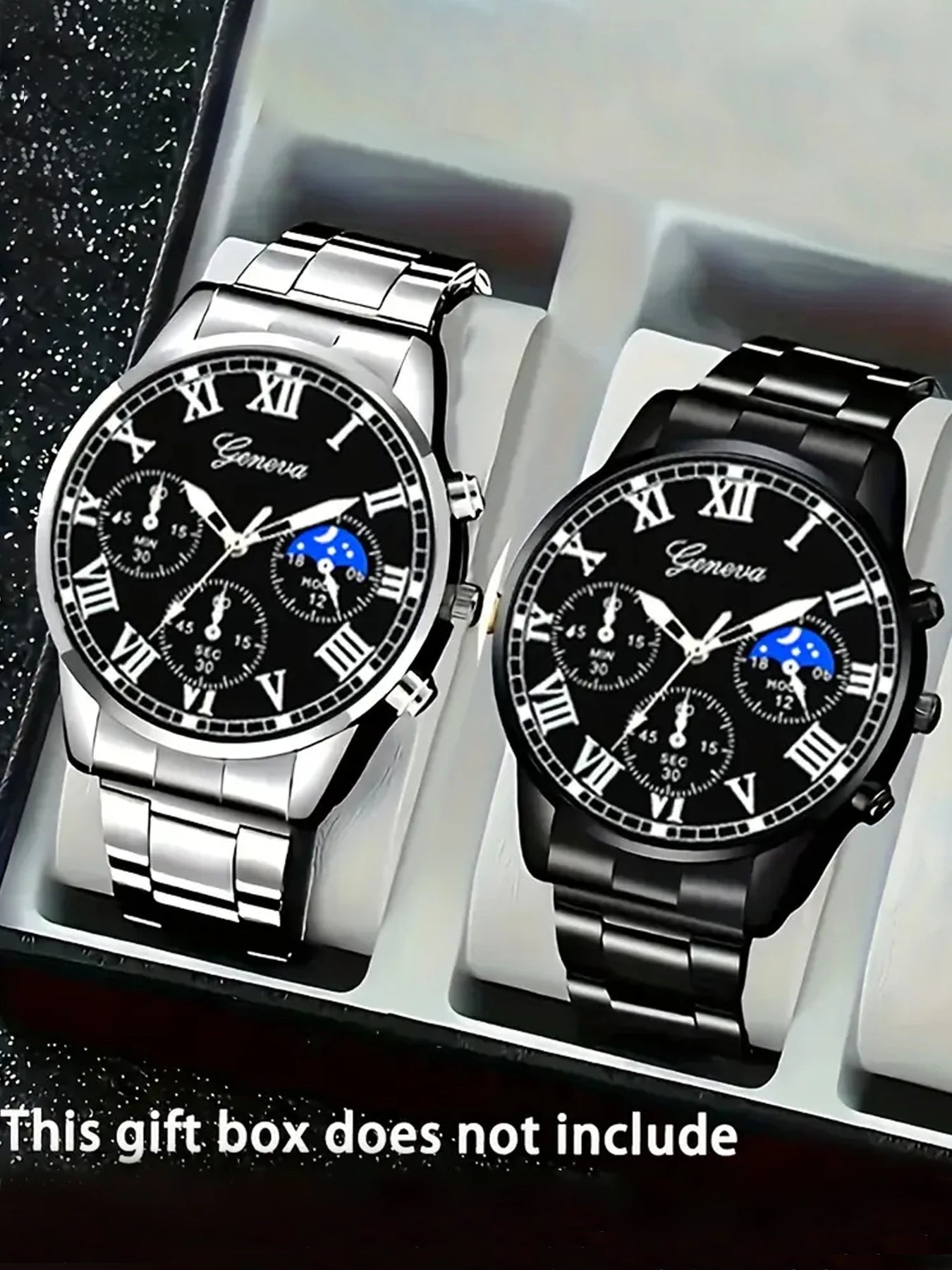 Roman Numeral Moon Dial Multi-Function Quartz Watch Silver & Black Steel Watch Pack Qme 2pcs