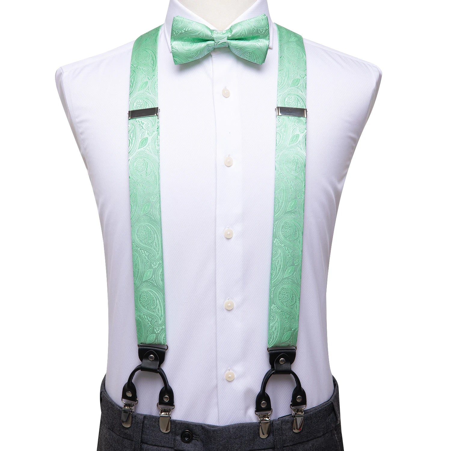 Silk Woven Mens Suspenders Bow Tie Hanky Cufflinks Strength 6 Clips