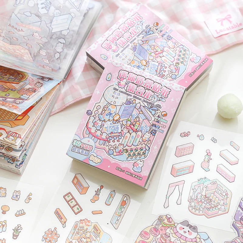 TIANZI 24/96 Pcs 3D Cartoon Landscape Sticker Book DIY Scrapbooking Aesthetic Stationery Stress Relief for Students Qme 2A-192 Pcs