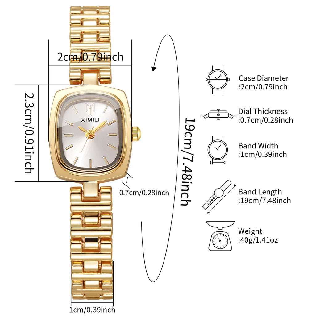 Women's Small Square Watch, Gold Tone with Silver Dial, Everyday Wear Qme