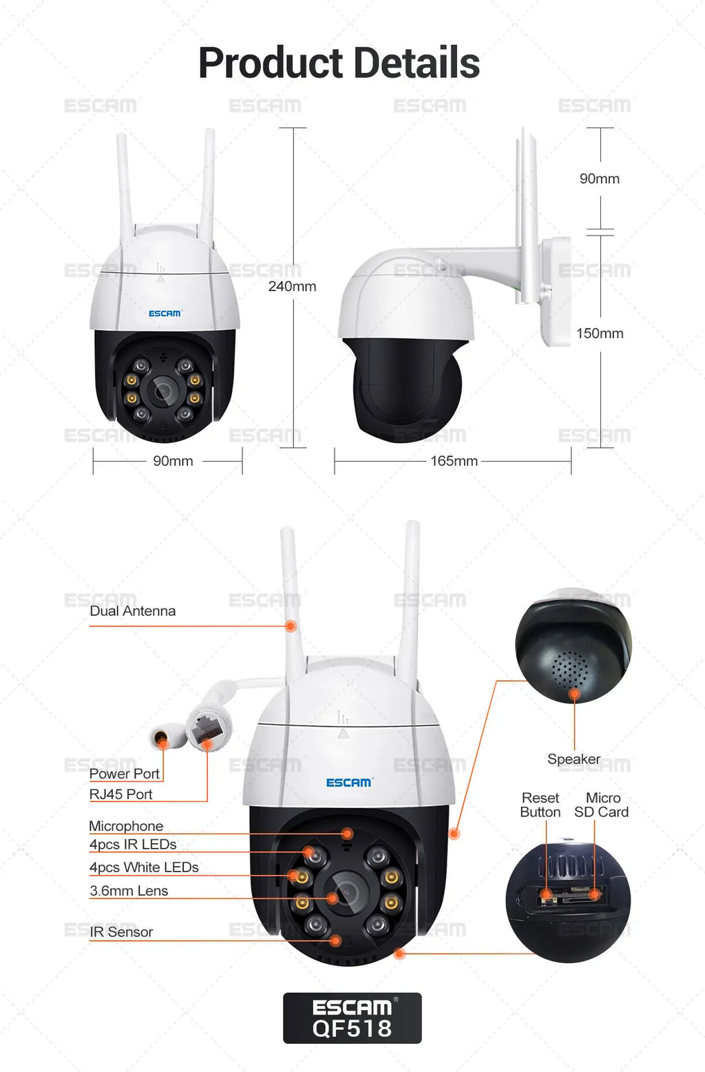 ESCAM QF518 5MP Pan/Tilt AI Humanoid Detection Auto Tracking Cloud Storage WiFi IP Camera with Two Way Audio Night Vision Qme