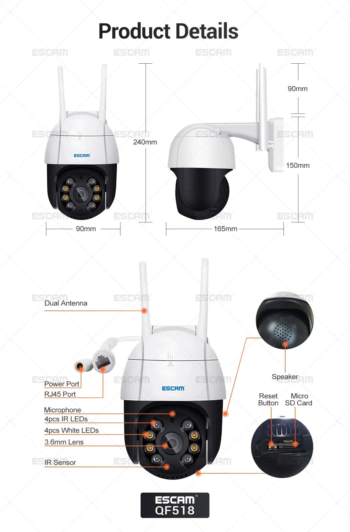 ESCAM QF518 5MP Pan/Tilt AI Humanoid Detection Auto Tracking Cloud Storage WiFi IP Camera with Two Way Audio Night Vision Qme