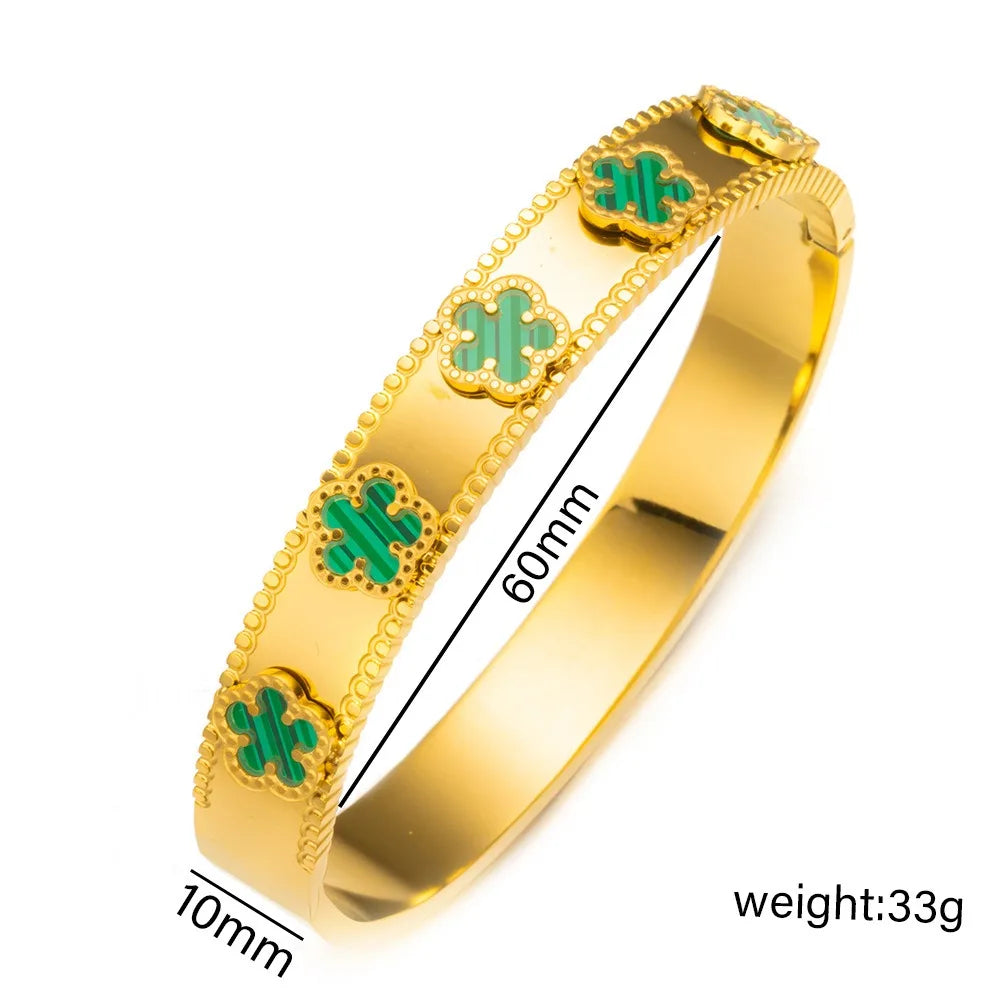Unisex Gold/Silver Classic Stainless Steel Laser Five-Leaf Flower Open Bracelet & Bangles Simple For Woman Party Jewelry Clover Qme Gold 7