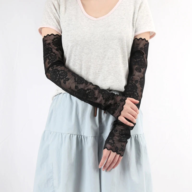 Summer Lace Hollow-out Fingerless Gloves Elastic Driving Cycling Qme