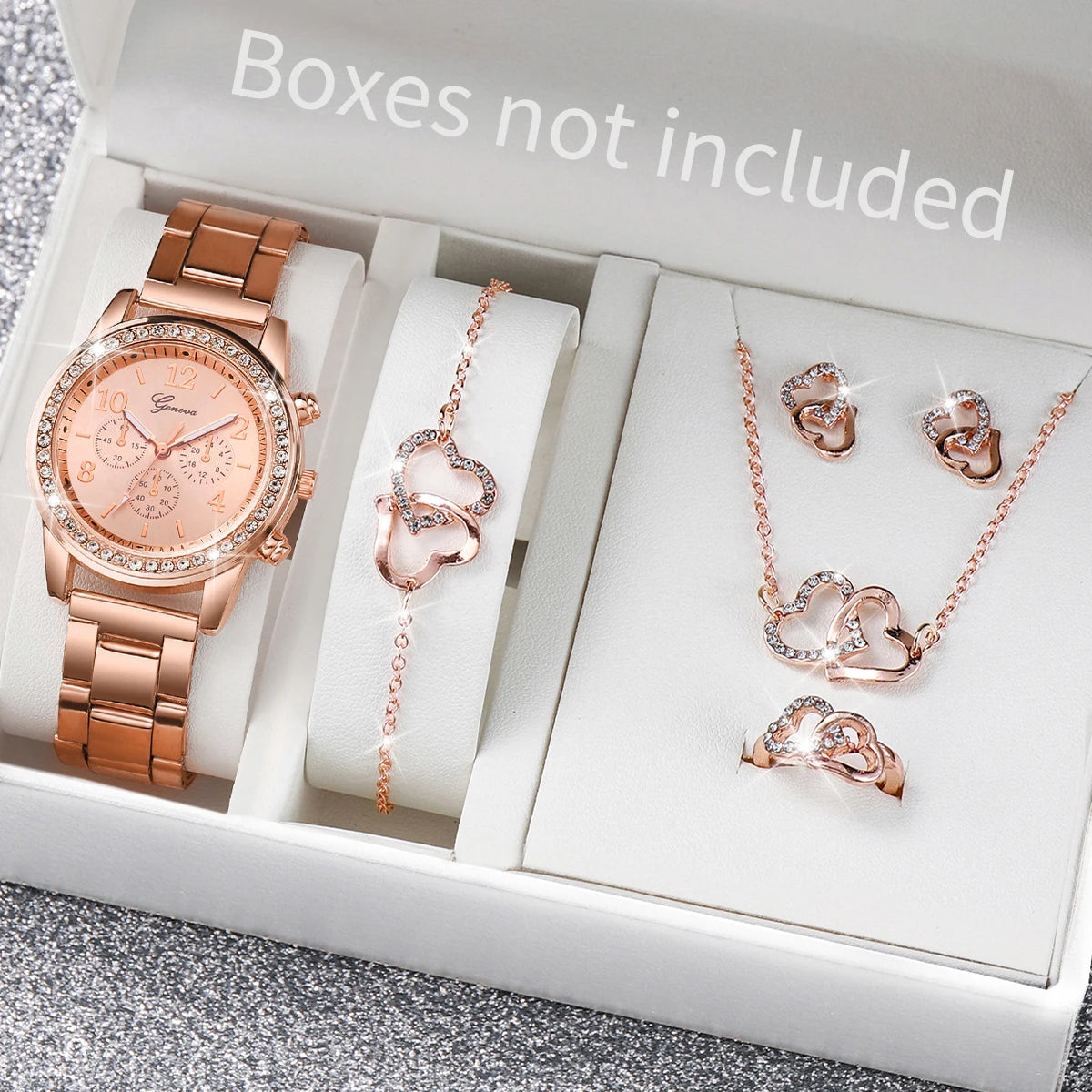 6PCS/Women's Watch Fashion Diamond Steel Strap Quartz Watch Double Heart Jewelry Set (No Box) Qme Rose No