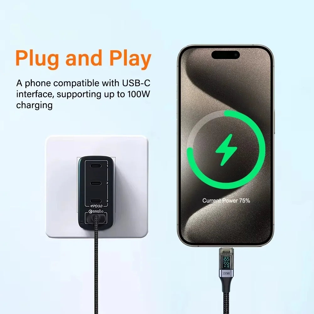 100W USB C Data Cable Digital Display USB C to C Data Cord 0.5M/1M/2M Quick Charge Type-C Charging Line for iPhone Huawei Xiaomi Qme