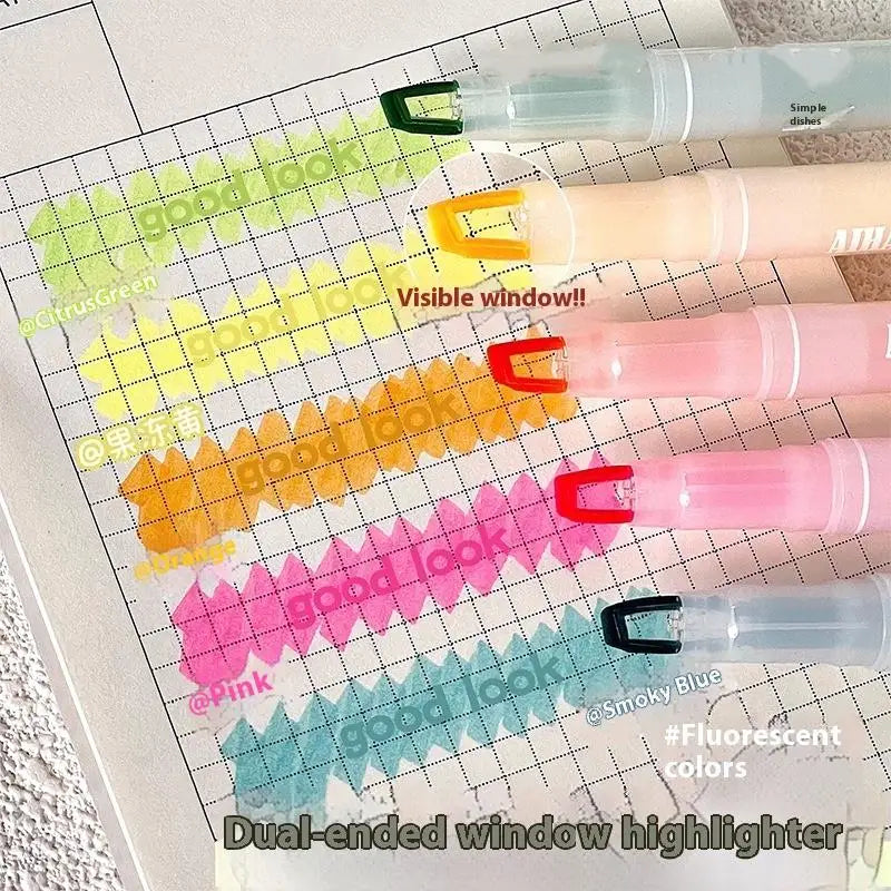 5Colors Highlighter Pen Double Headed Unique Window Tip Highlighters Qme