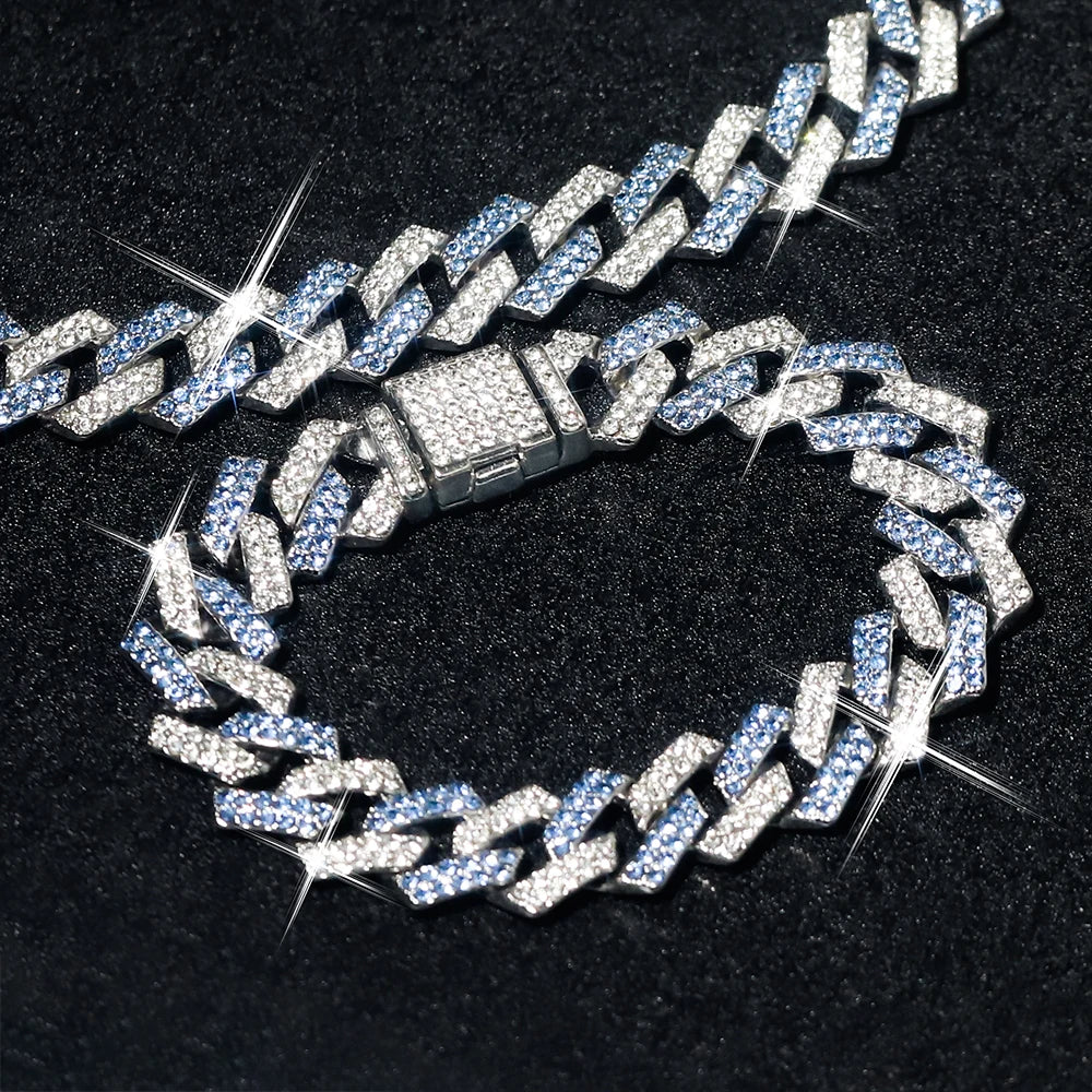 3pcs Hip-hop Watch Jewelry Set Iced Out Punk Blue&Silver Cuban Chain+Bracelet Inlay Diamond Watch For Men Women Trend Party Gift Qme