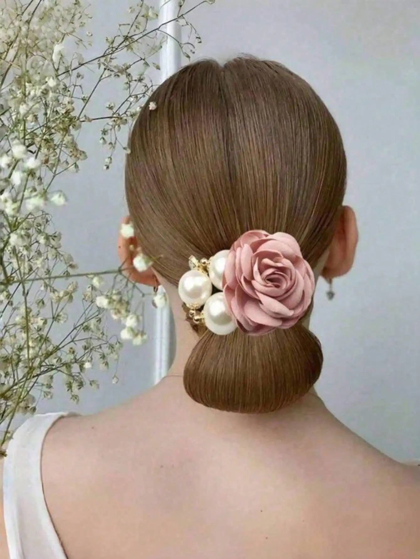Pearl Rose Flower Hair Accessory Camellia Rope Ring Diamond Studded Qme pink