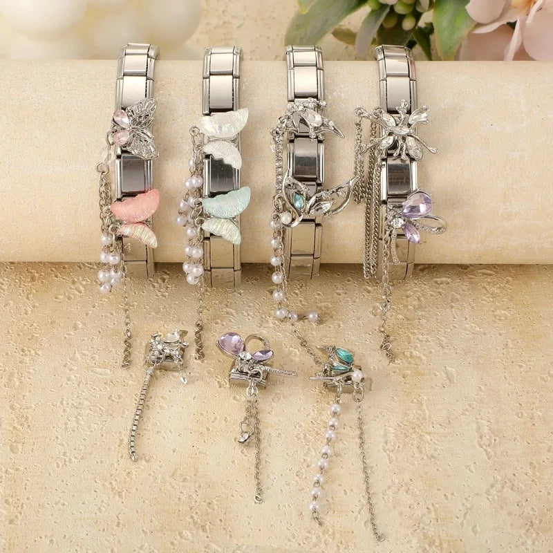 Women Men New Colorful Butterfly Zircon Long Pearl Tassel Chain Italian Charms Fit 9mm Stainless Steel Bracelet DIY Jewelry Gift Qme