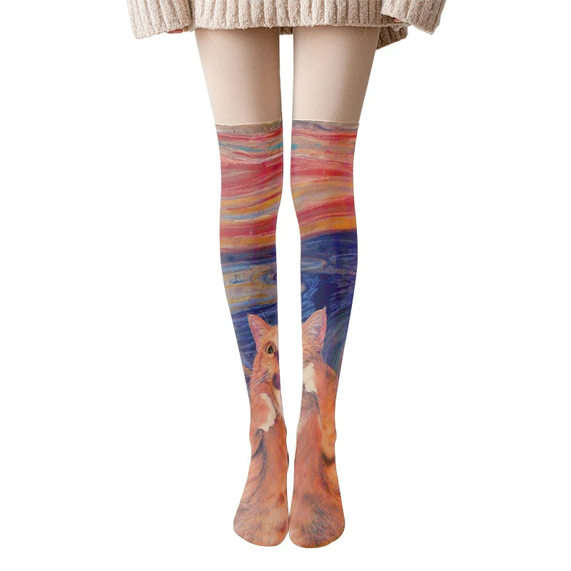 Van Gogh Retro Oil Painting Thigh Stockings Starry Sky Sunflower Qme style9 One Size