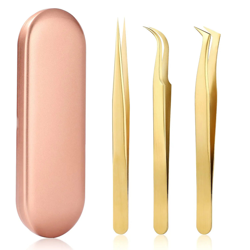 Precision Lash Tweezers Includes 3 Stainless Steel Eyelash Classic Qme Golden 3 pcs