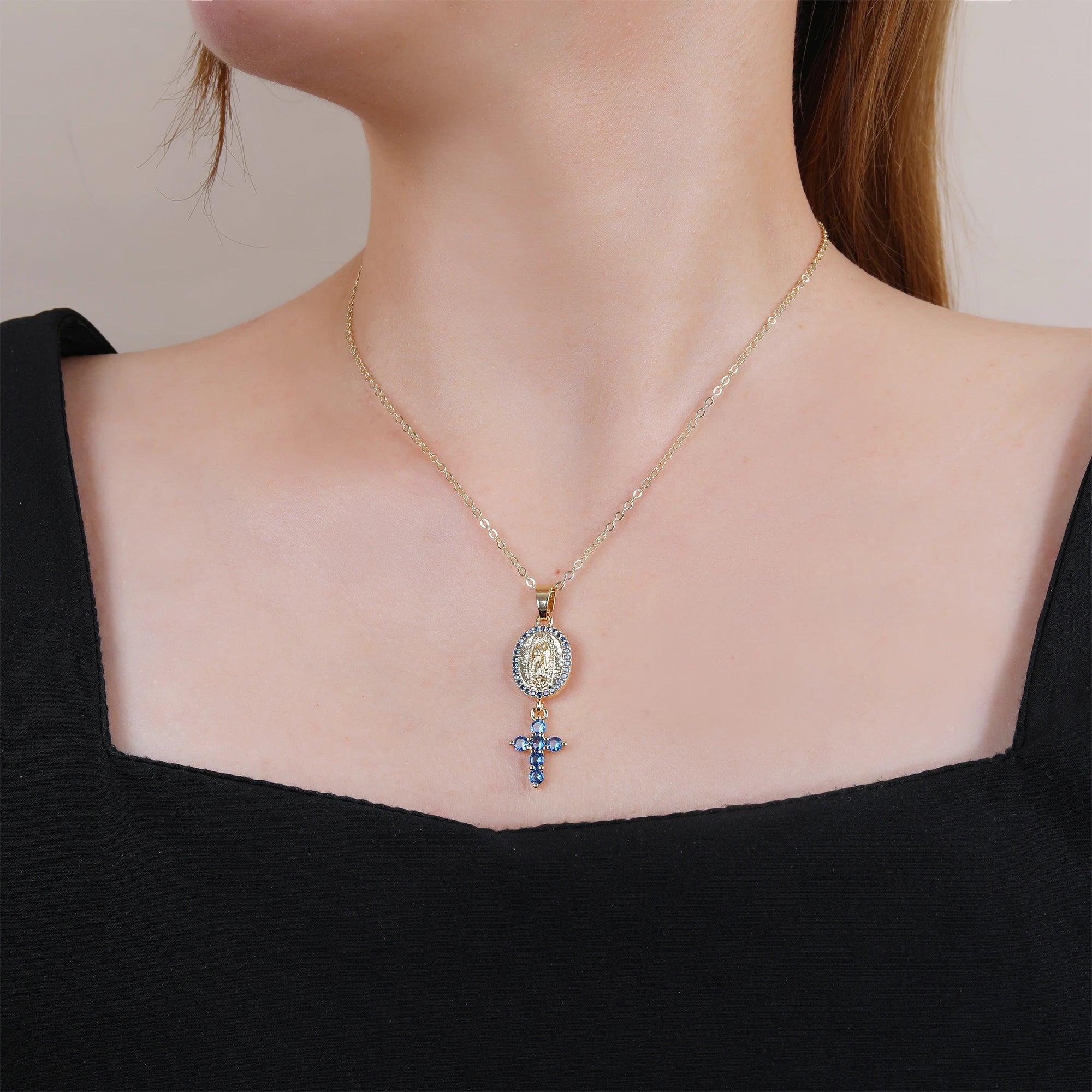 6 Color New Design Cute Female Crystal Zircon Necklace Classic St. Jude Cross Pendant Necklace For Women Men Party Jewelry Gifts Qme