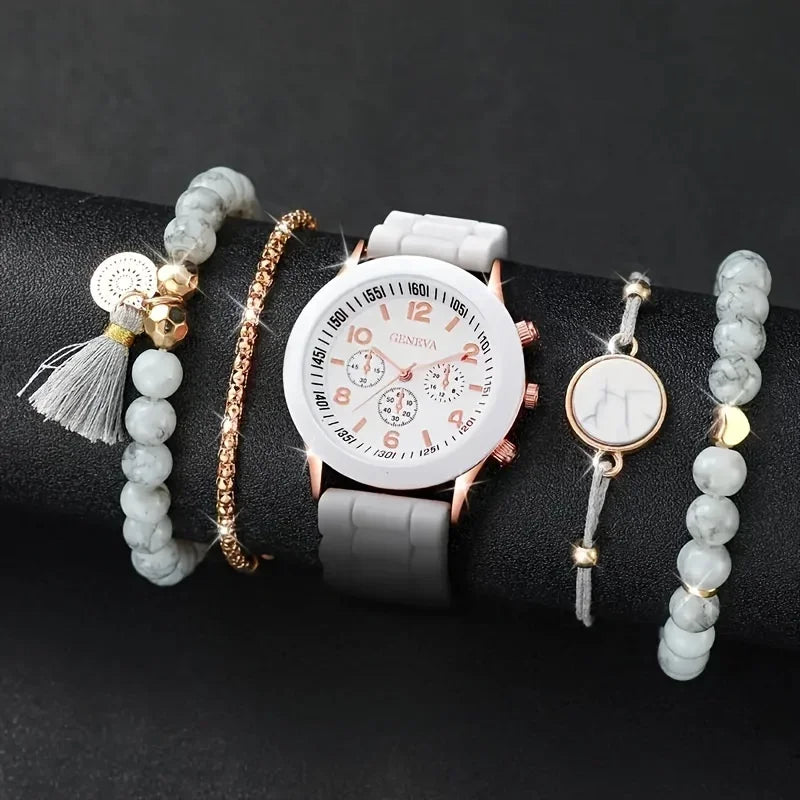 5pcs/Set Chic Women's Quartz Watch with Silicone Strap & Coordinating Marble-Pattern Bracelets Qme