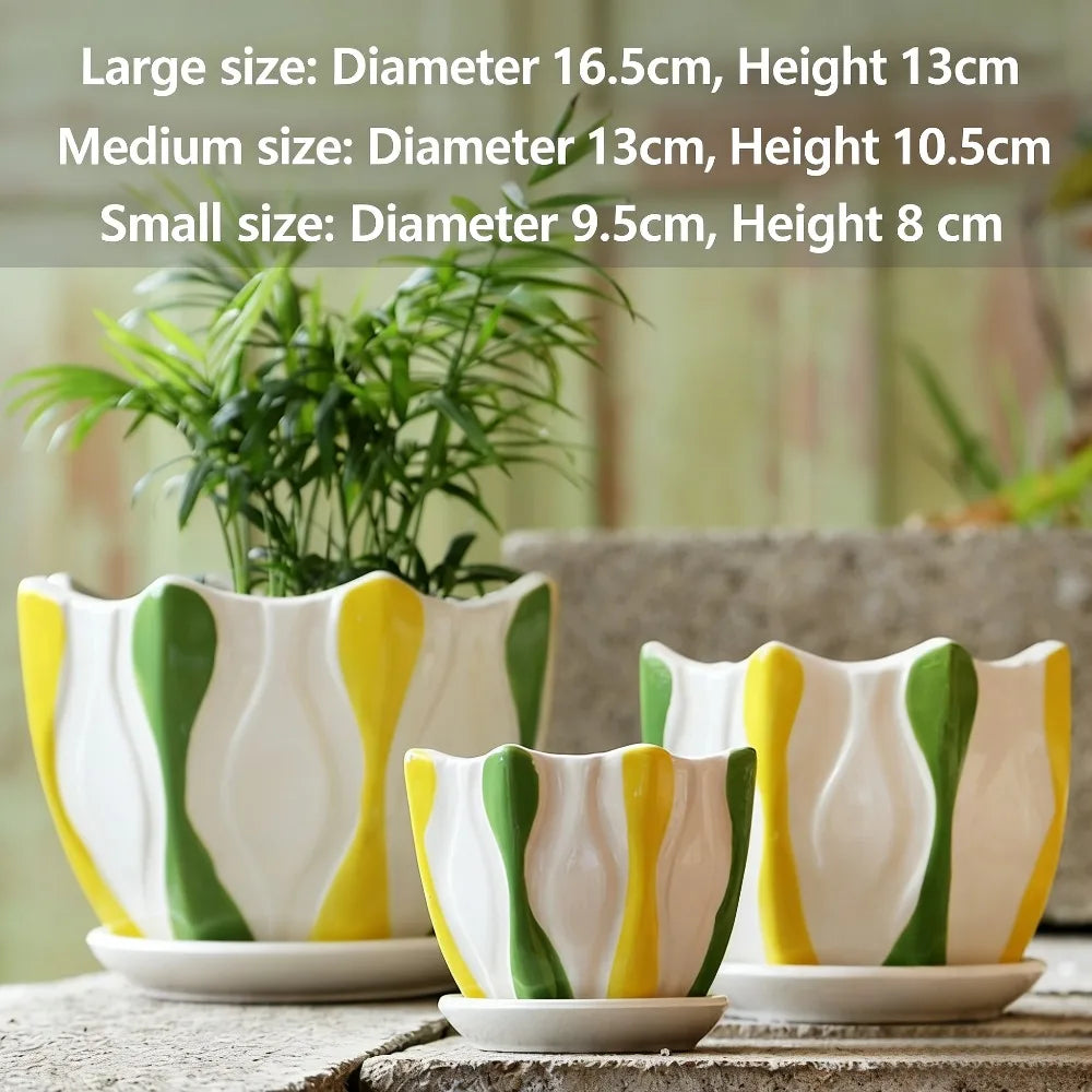 Ceramic Plant Pots Set of 3 Planters with Drainage Holes Flower Pot Outdoor Indoor Modern Decor for Garden Succulent Pots Qme Green Yellow-3PCS