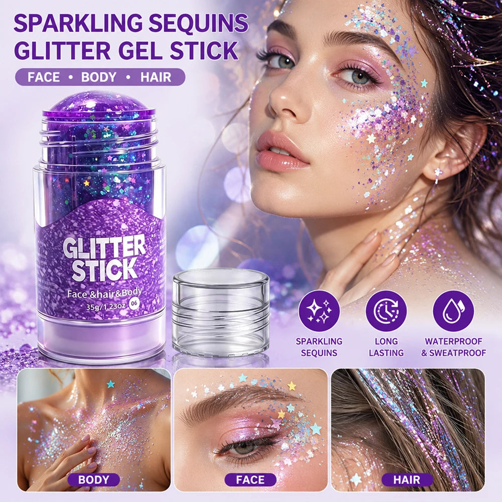 Aurora White Glitter Sequins Stick Face Hair Body Glitter Gel Waterproof Long Lasting Green Purple Shimmer Makeup Party Cosmetic Qme