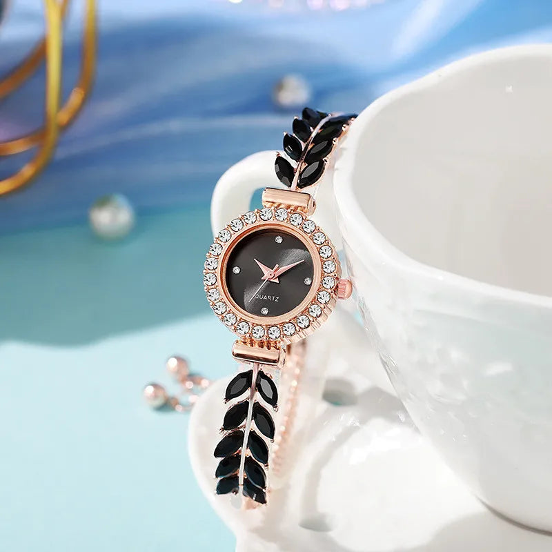 20261/4PCS Elegant Women's Wristwatch Set Fashion Rhinestone Bracelet Band Ladies Quartz Watches Reloj Mujer（Without Box） Qme 1PC Black No Box